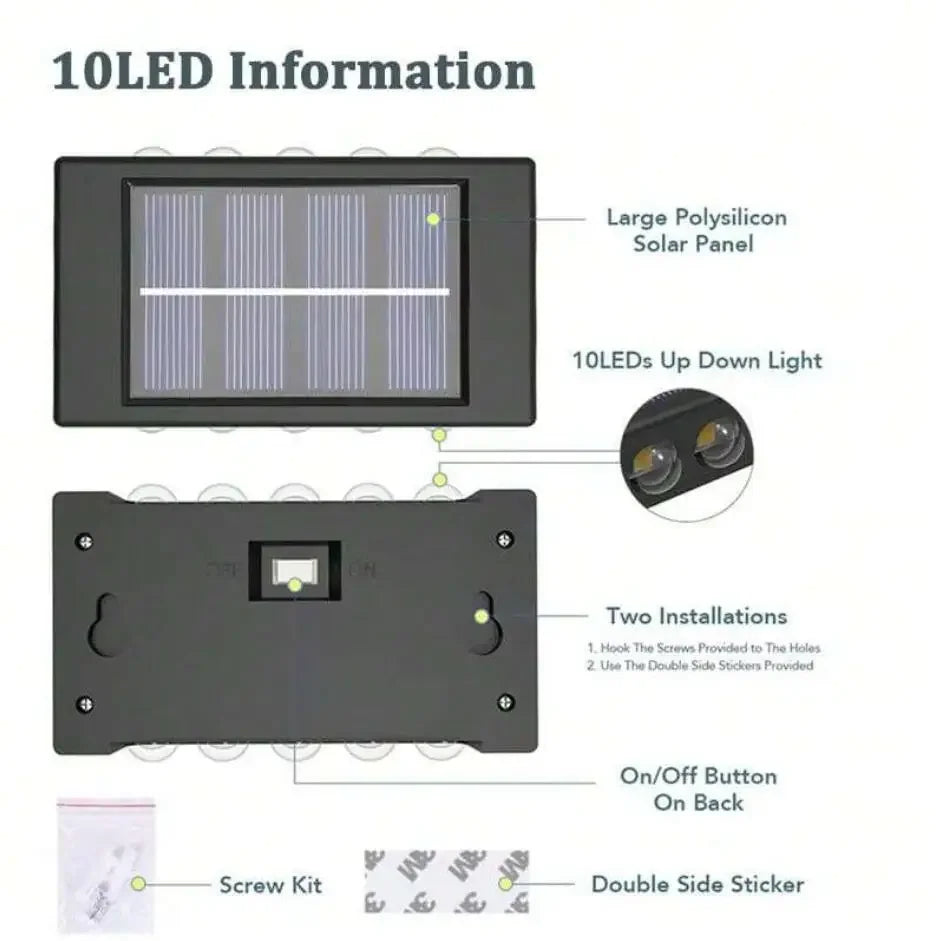 Solar Wall Lights Outdoor for Fence & Porch – 10 LED Up & Down, 2/6/10 Pack