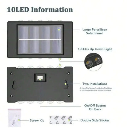 Solar Wall Lights Outdoor for Fence & Porch – 10 LED Up & Down, 2/6/10 Pack