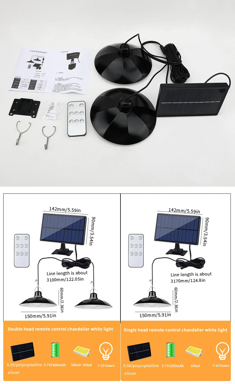 Solar Pendant Light with Remote Control for Sheds & Patios – Single/Double Head