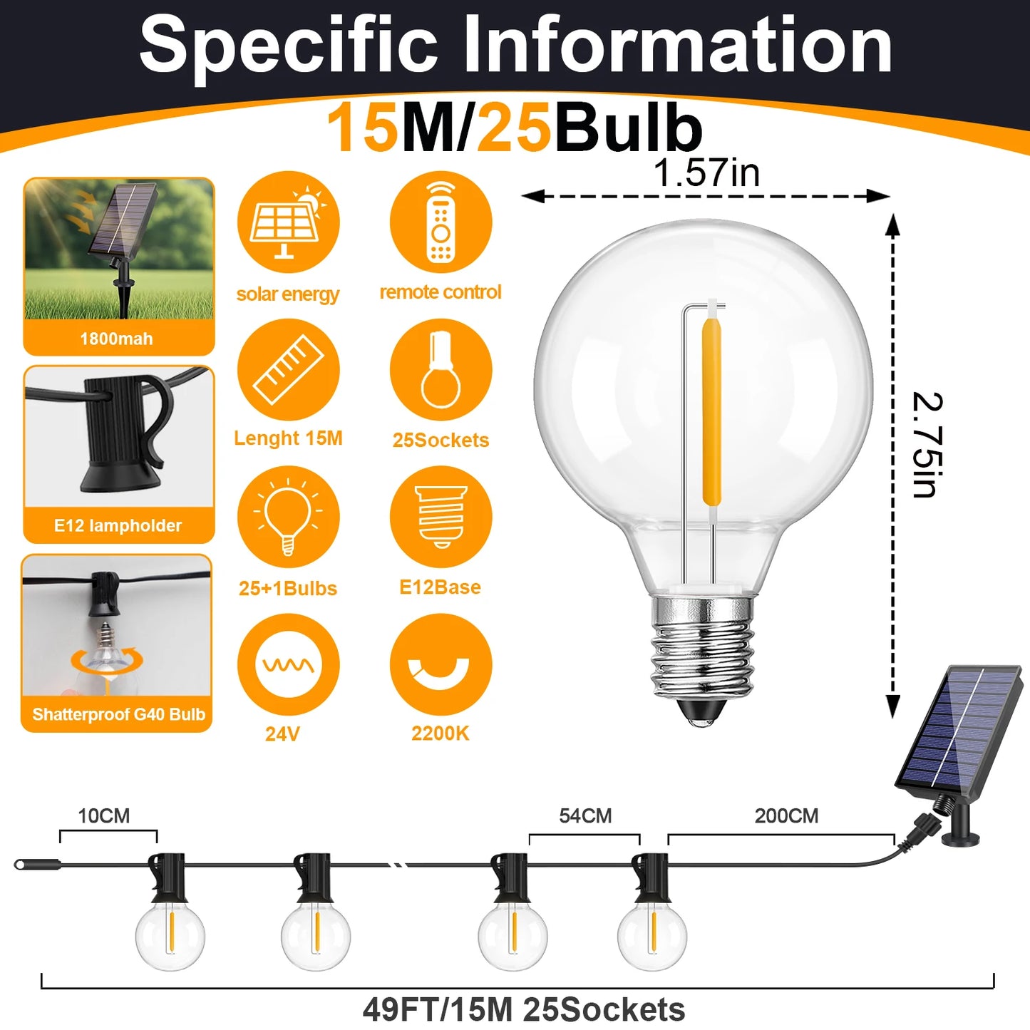 Solar G40 Globe String Lights for Patios & Backyard Bistros – 33/49/59 ft