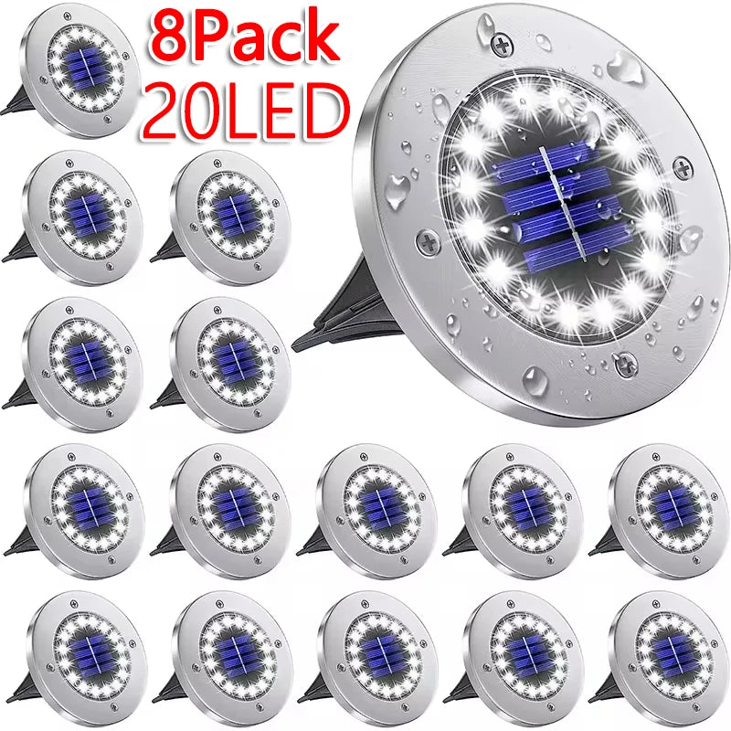 Solar In-Ground Disk Lights for Gardens & Lawn Edges – 20 LED, 1/4/8 Pack