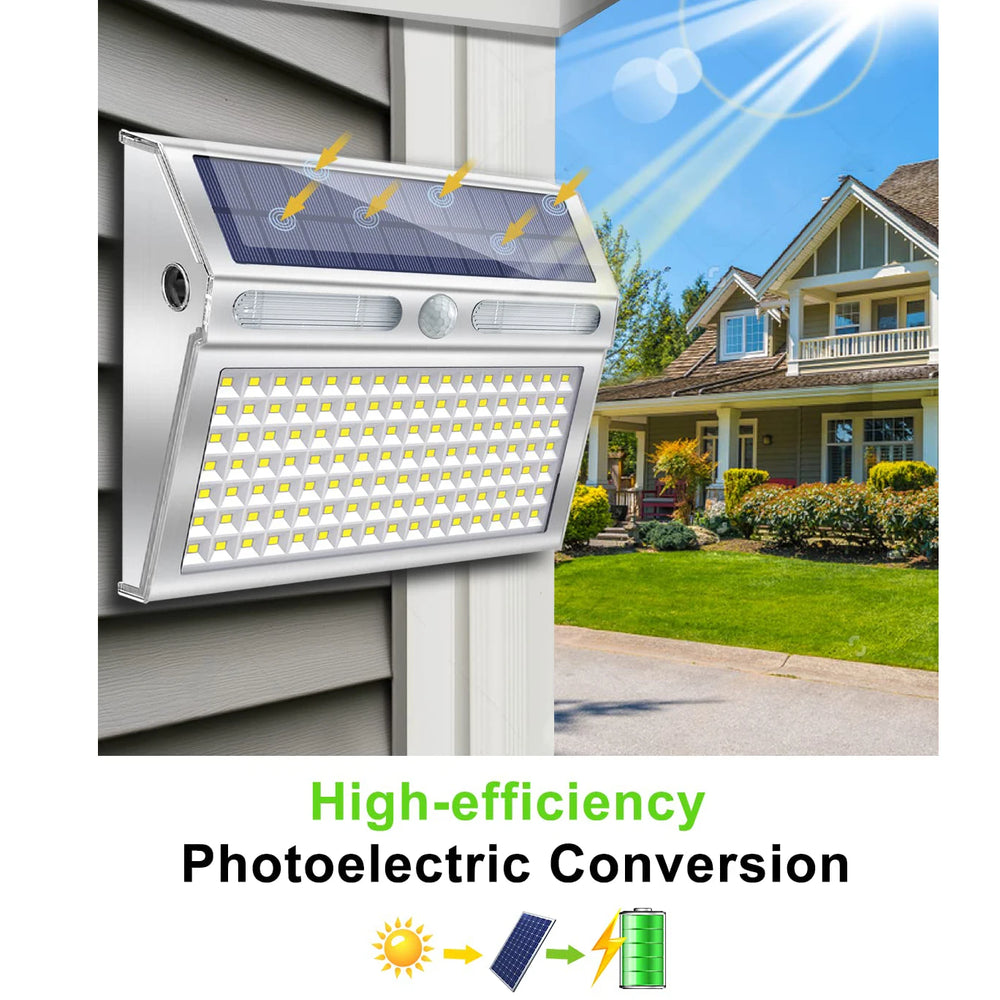 Solar Motion Sensor Light Outdoor Waterproof 112 LED Stainless Steel Security Lamp for Front Door Garage