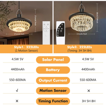 Waterproof Crystal Solar Pendent Light LED Solar Light Outdoor with Adjustable Color Changing Solar Garden Lamp for Gazebo Barn