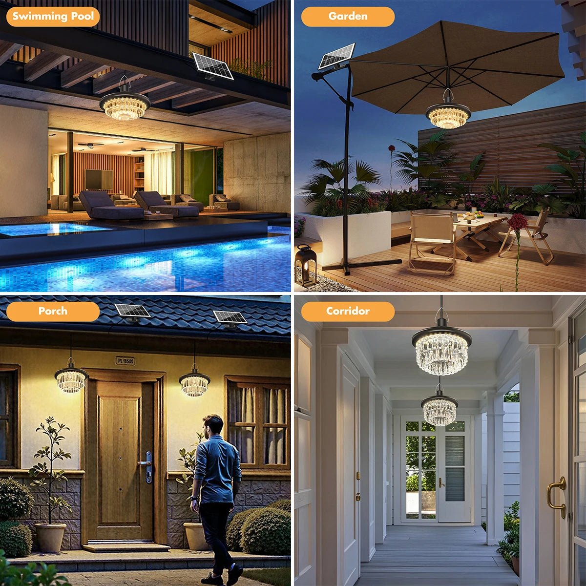 Waterproof Crystal Solar Pendent Light LED Solar Light Outdoor with Adjustable Color Changing Solar Garden Lamp for Gazebo Barn