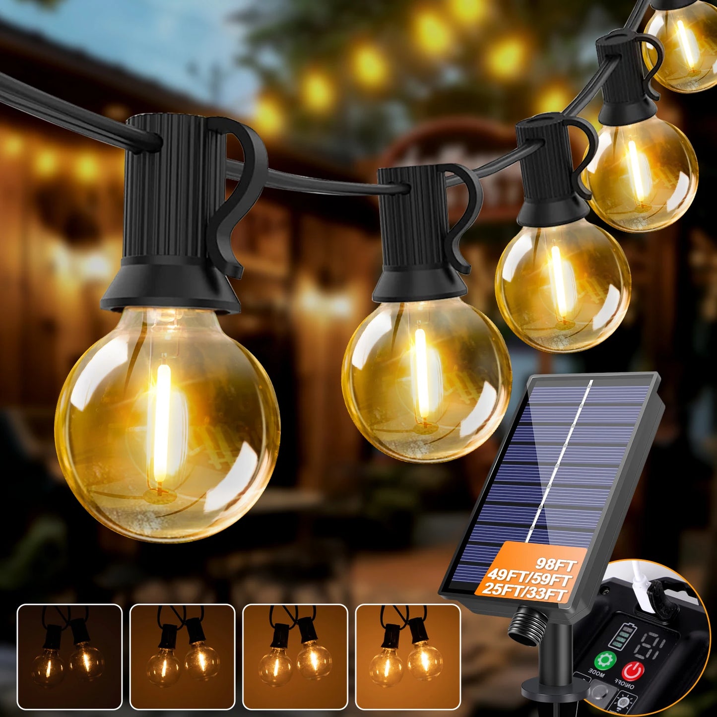 Solar G40 Globe String Lights for Patios & Backyard Bistros – 33/49/59 ft