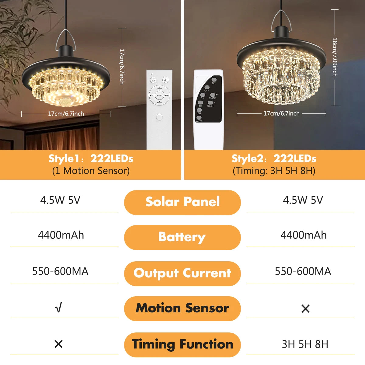 Waterproof Crystal Solar Pendent Light LED Solar Light Outdoor with Adjustable Color Changing Solar Garden Lamp for Gazebo Barn