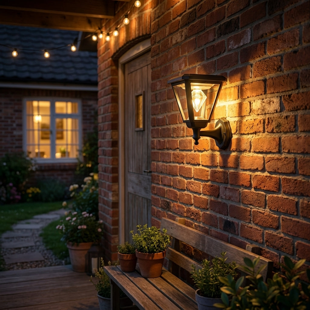 Warm solar lights placed along an outdoor pathway